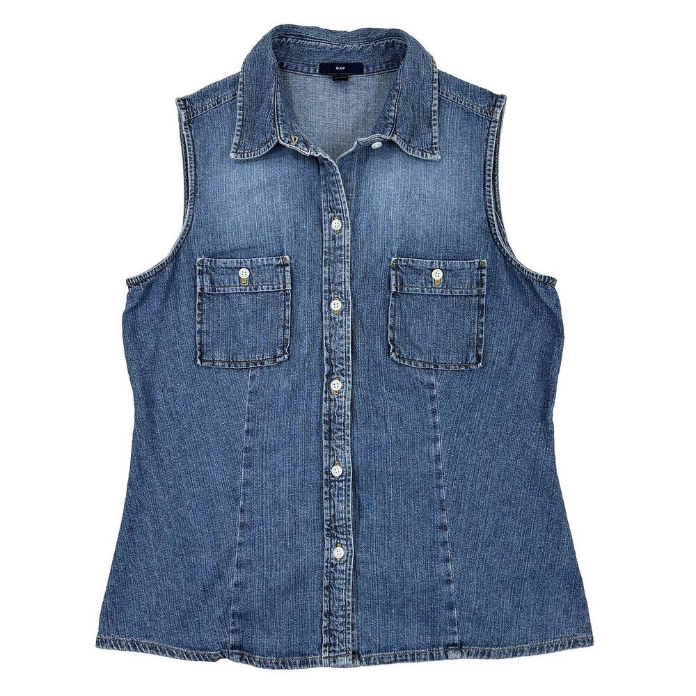 VTG GAP Sleeveless Denim Shirt Womens M Blue Y2K 00s Button Front Top Summer